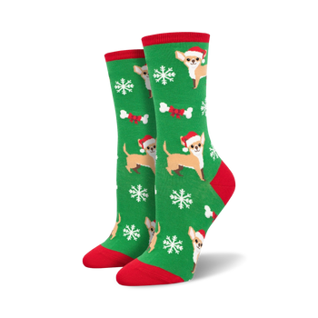 green crew socks with santa-hatted chihuahuas, snowflakes and bones. perfect for the christmas lover. womens.   