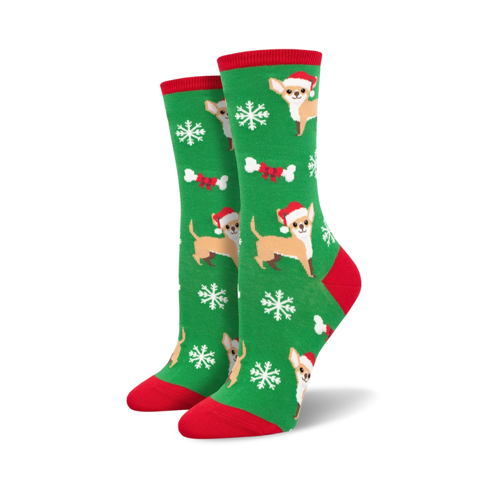 green crew socks with santa-hatted chihuahuas, snowflakes and bones. perfect for the christmas lover. womens.    }}