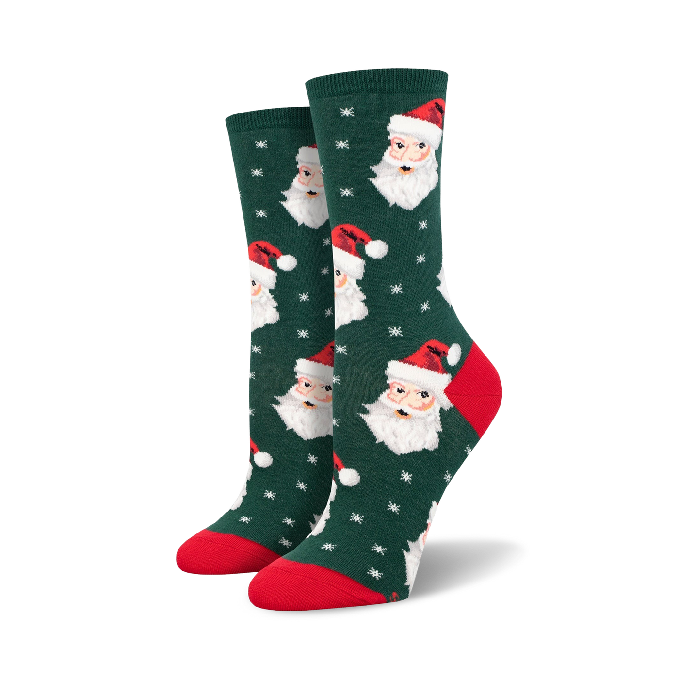 A pair of women's crew socks in green, red, and white. The socks feature a repeating pattern of Santa's face and snowflakes.