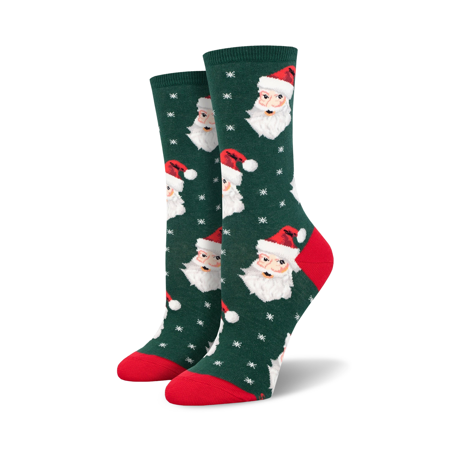 A pair of women's crew socks in green, red, and white. The socks feature a repeating pattern of Santa's face and snowflakes.