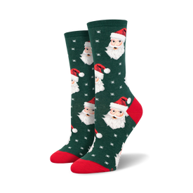womens dark green crew socks featuring santa claus face with white snowflake pattern.   