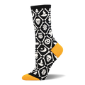 Black crew sock with orange heel and toe. White crossed bones form a lattice filled with skulls, pumpkins, bats, and ghosts.