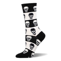 Black and white striped crew sock featuring a repeating pattern of alternating black and white skulls.