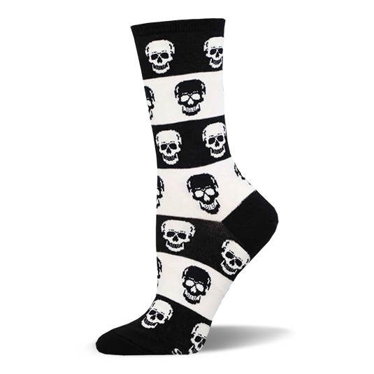 Black and white striped crew sock featuring a repeating pattern of alternating black and white skulls.