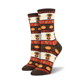 thanksgiving-themed socks with pumpkins, cornucopias, leaves, and turkeys on a white background with brown stripes. made for women in crew length.  