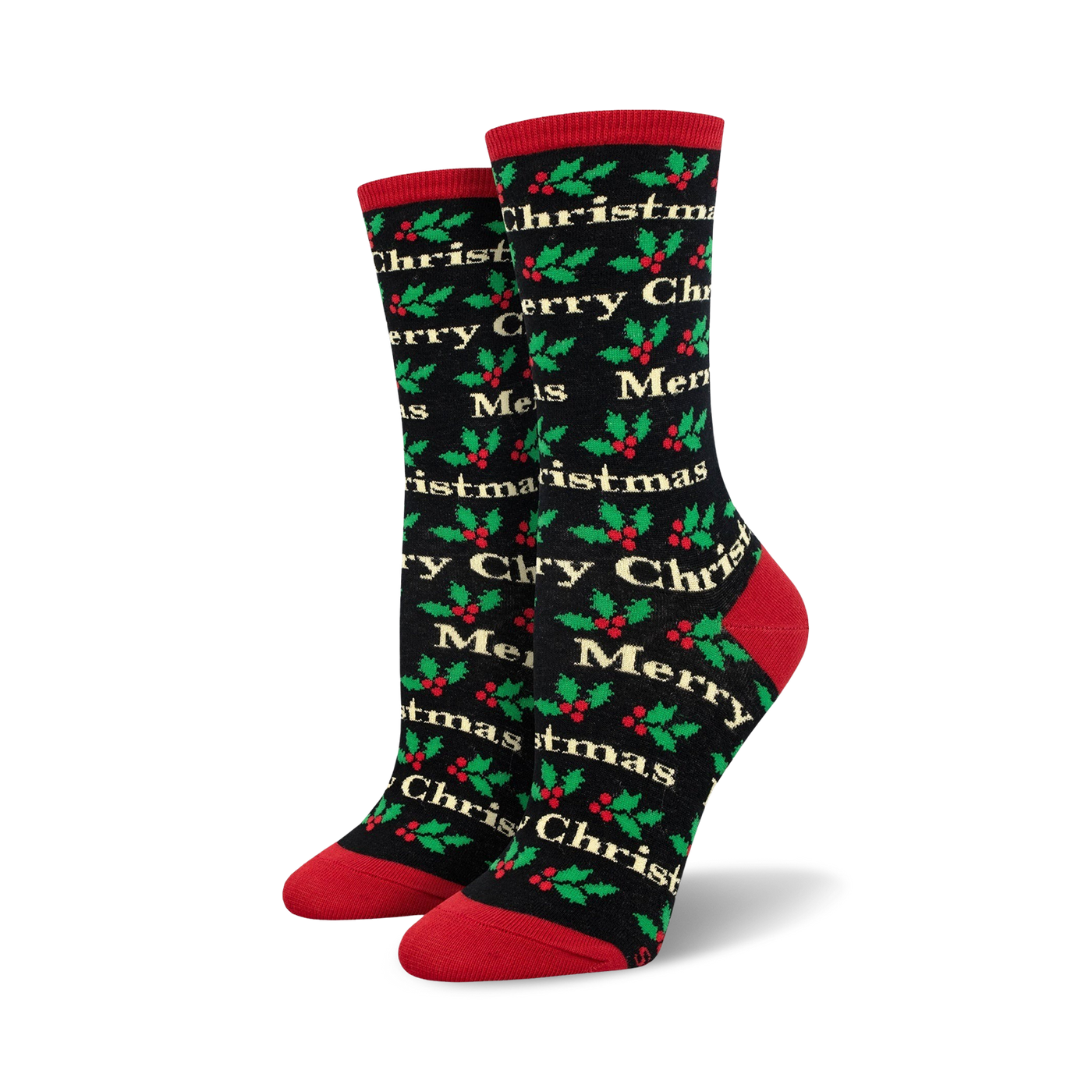 Pair of crew socks in black and red, or cream and green, with a repeating 'Merry Christmas' and holly pattern.