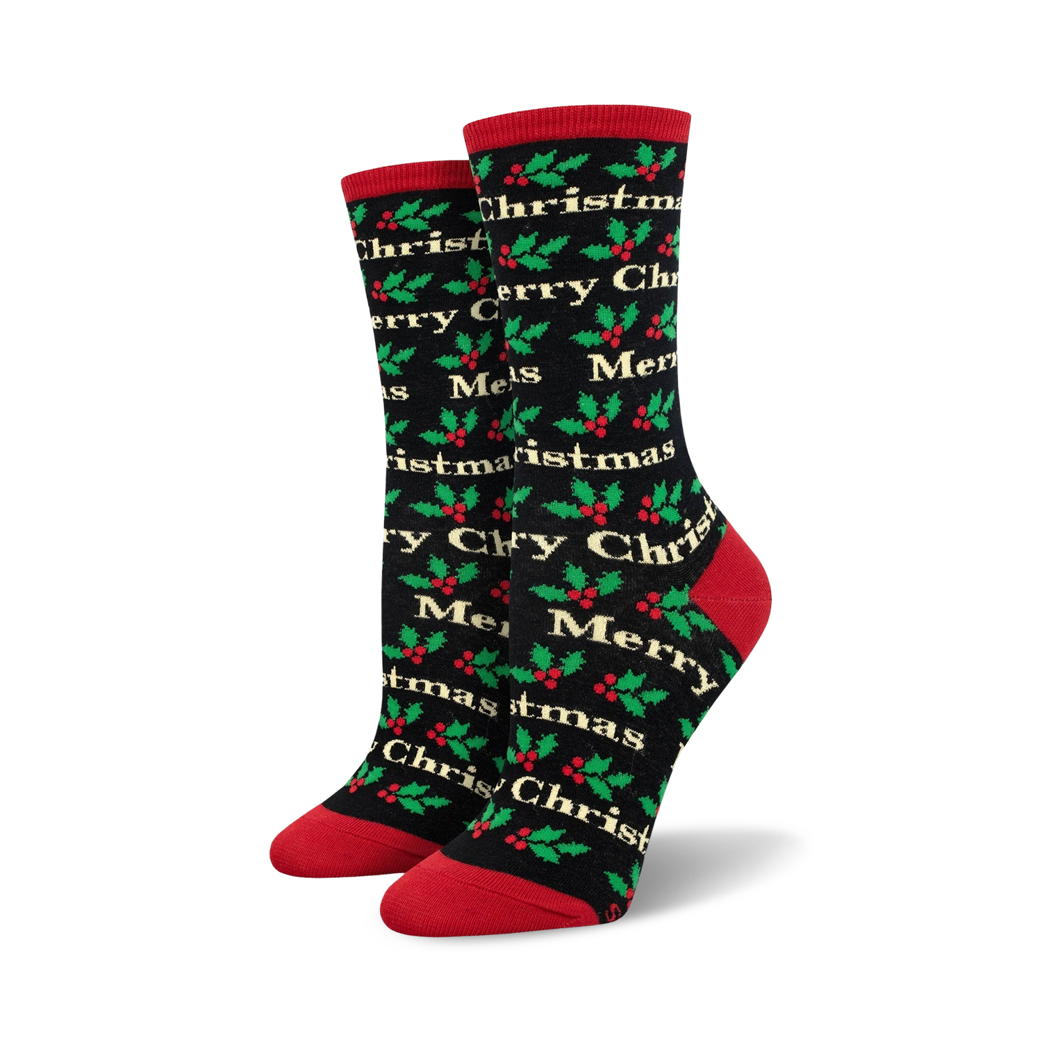 Pair of crew socks in black and red, or cream and green, with a repeating 'Merry Christmas' and holly pattern.