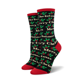 women's black crew socks with christmas holly leaves and berries pattern and merry christmas script lettering. 