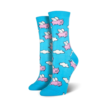 when pigs fly pig themed womens blue novelty crew socks