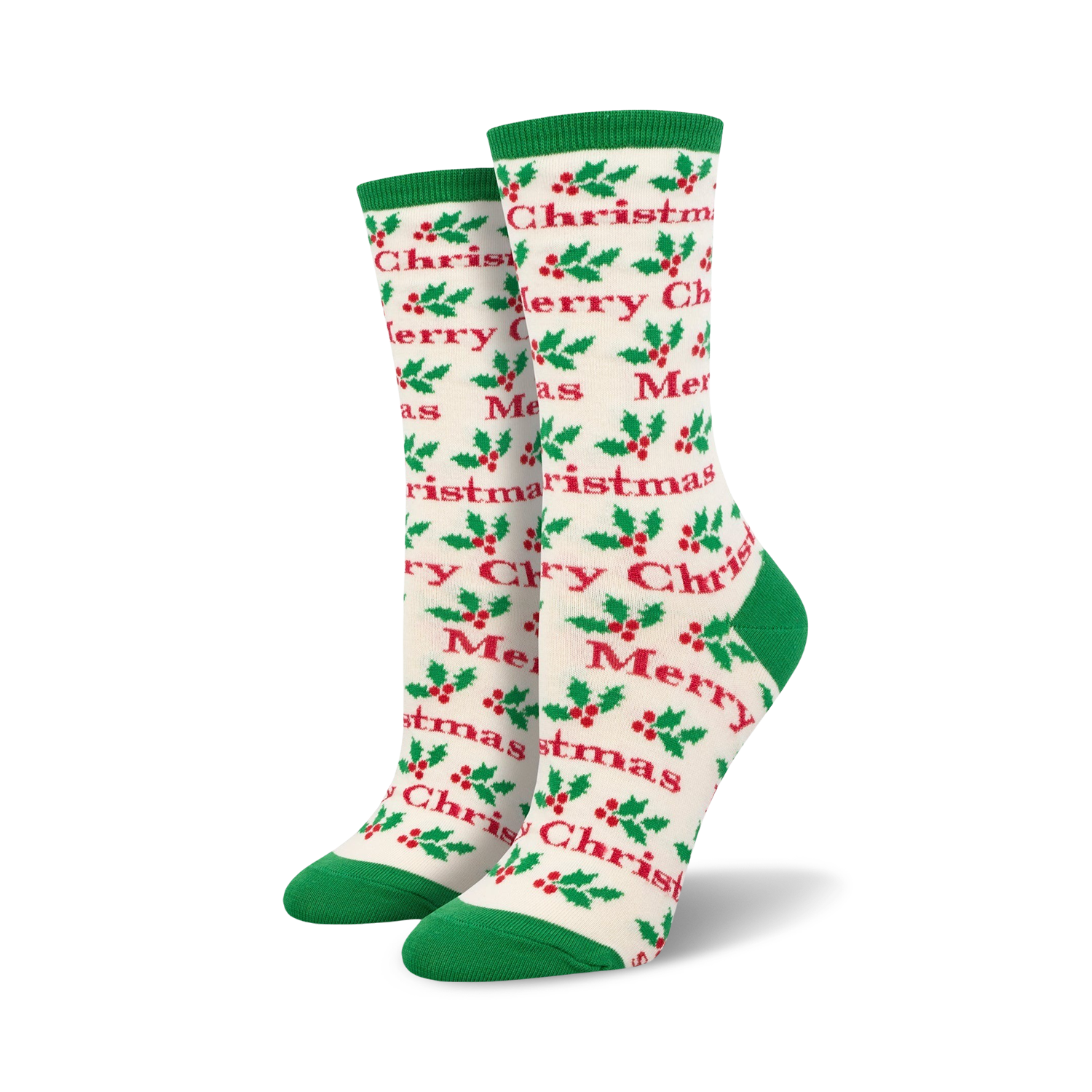 Close-up view of a pair of cream and green 'Merry Christmas' socks.