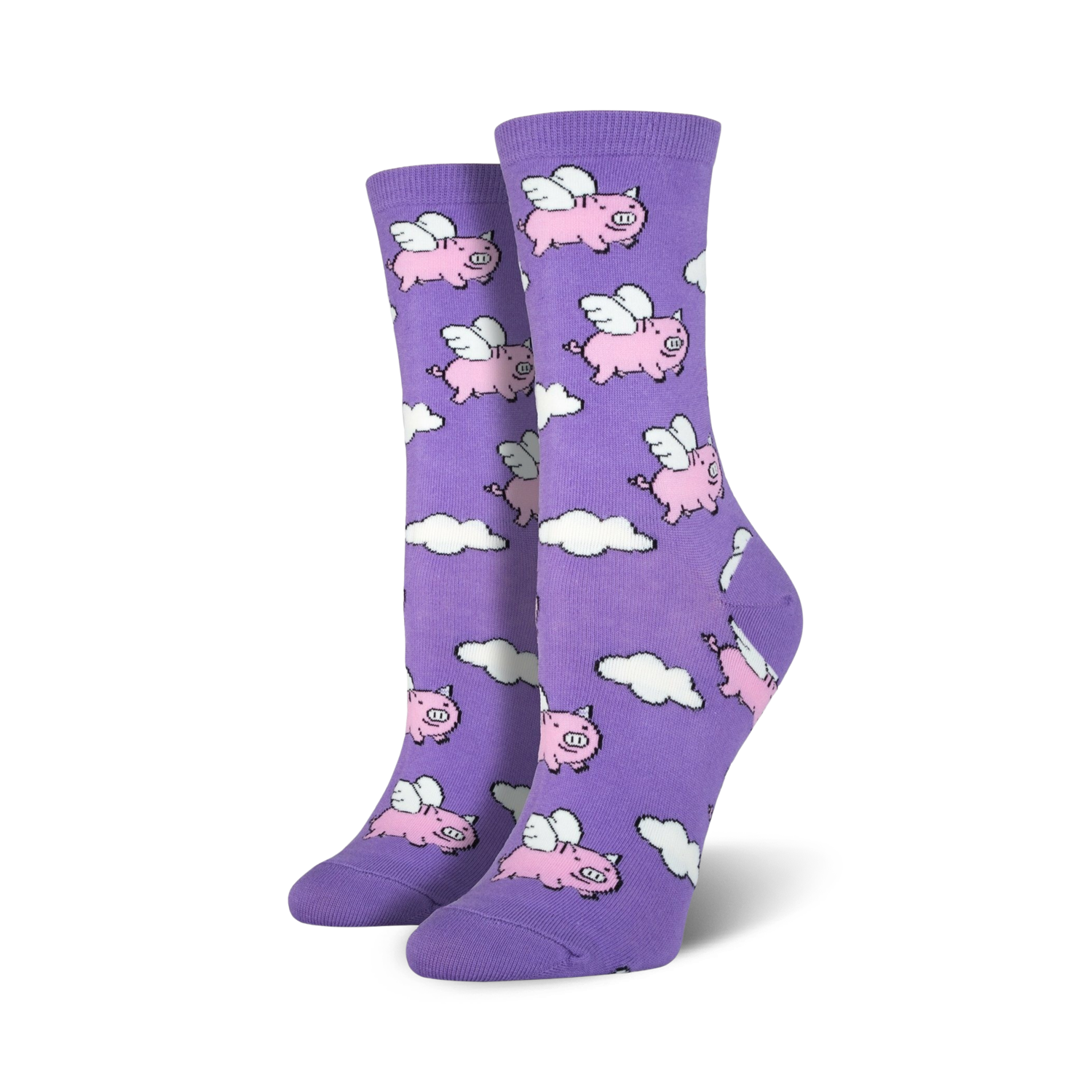 Pair of women's crew socks in lavender, showcasing the same flying pig and cloud design as the main image.