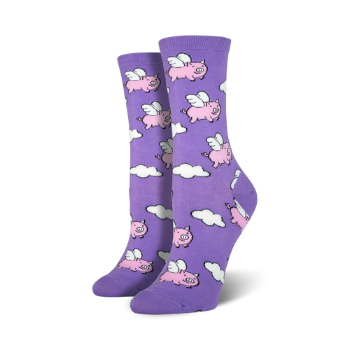 Pair of women's crew socks in lavender, showcasing the same flying pig and cloud design as the main image.