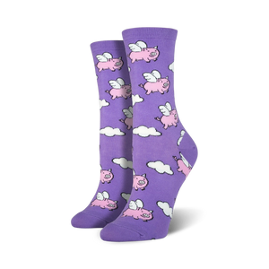  purple crew socks with cute, pink pigs and light blue wings on a cloudy background. womens.   