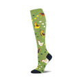 A single knee-high sock shown in profile. It's olive green with illustrated chickens, chicks, and eggs.  The toe and top are navy.