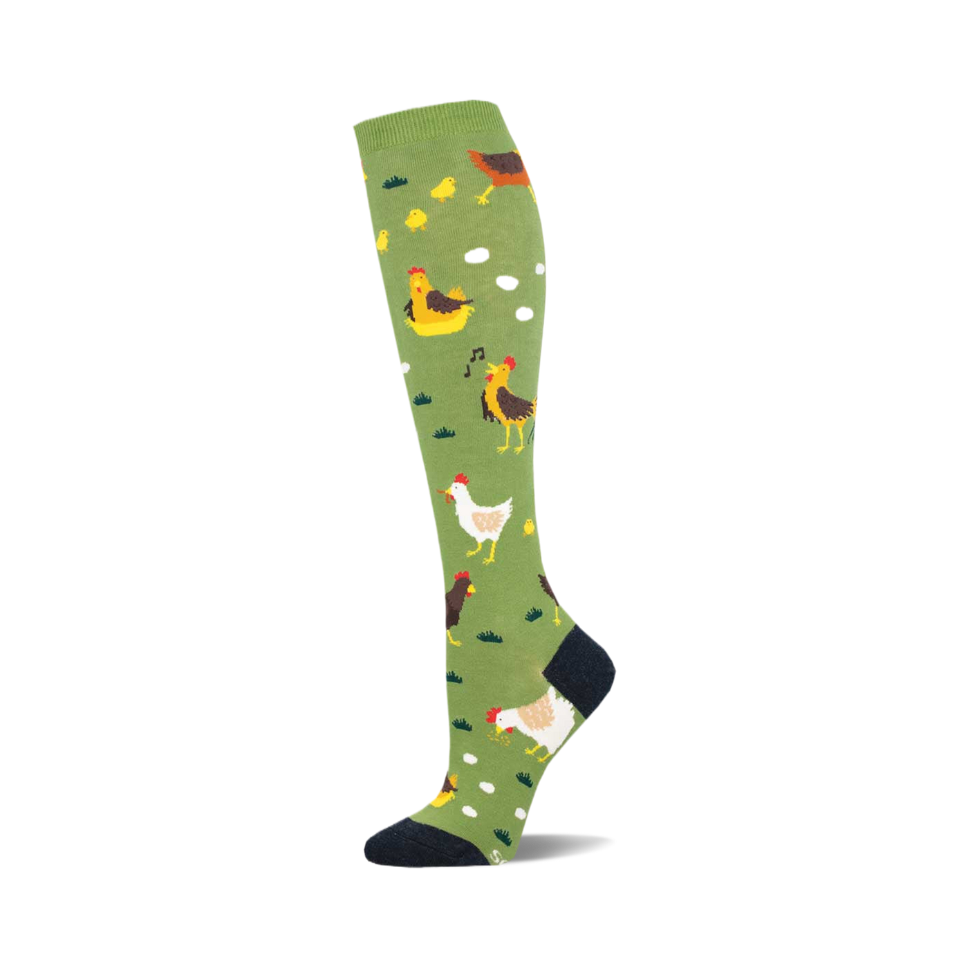 A single knee-high sock shown in profile. It's olive green with illustrated chickens, chicks, and eggs.  The toe and top are navy.