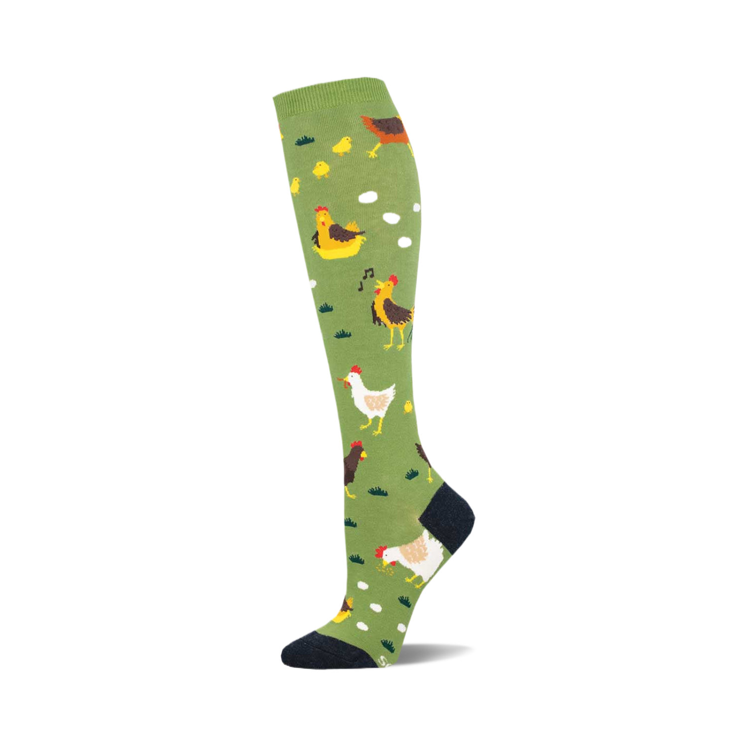 A single knee-high sock shown in profile. It's olive green with illustrated chickens, chicks, and eggs.  The toe and top are navy.