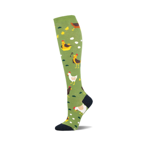 A single knee-high sock shown in profile. It's olive green with illustrated chickens, chicks, and eggs.  The toe and top are navy.