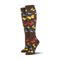 Pair of brown knee-high socks with a colorful butterfly pattern.  Butterflies in yellow, orange, blue, and purple.