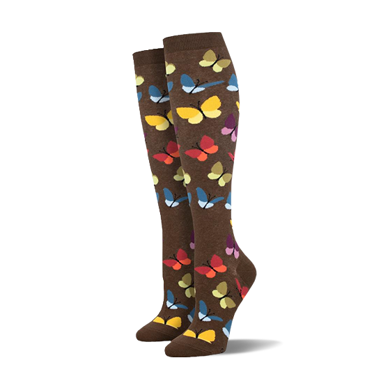 Pair of brown knee-high socks with a colorful butterfly pattern.  Butterflies in yellow, orange, blue, and purple.