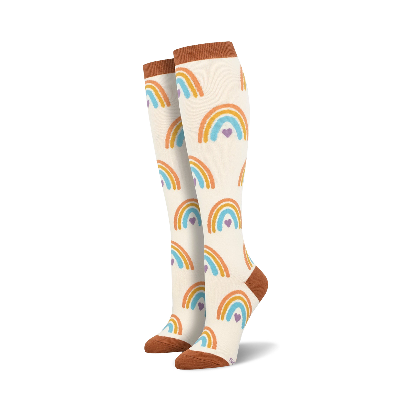 Pair of knee-high cream socks with repeating orange, blue, and purple rainbow heart patterns. Terracotta cuffs, heels, and toes.