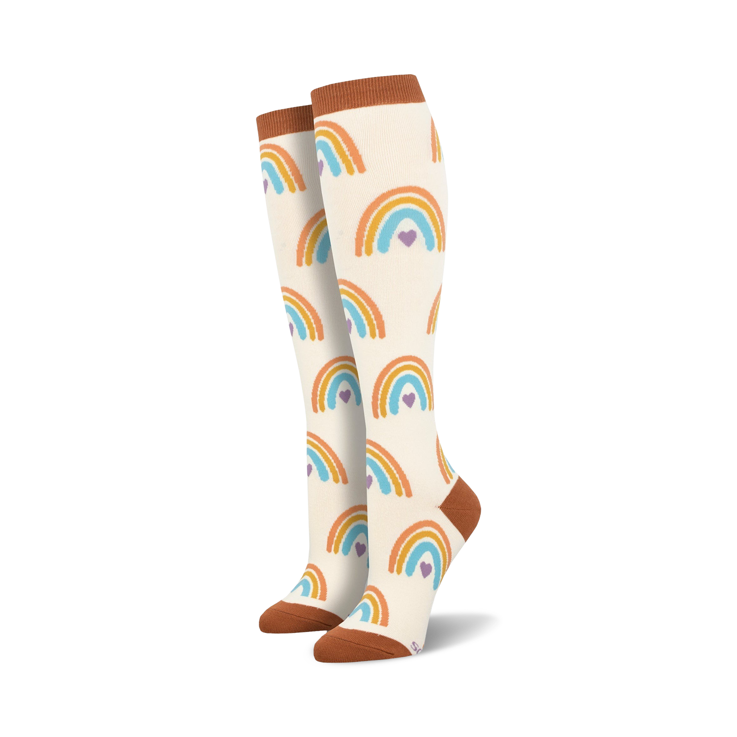 Pair of knee-high cream socks with repeating orange, blue, and purple rainbow heart patterns. Terracotta cuffs, heels, and toes.