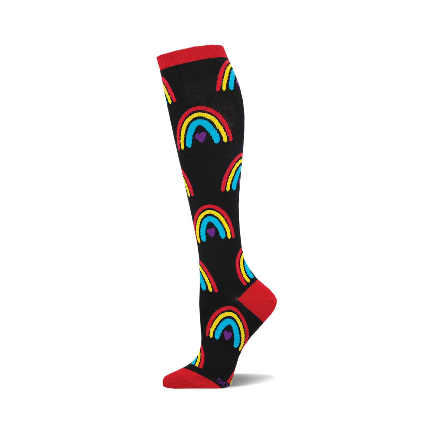 Boho Rainbow black knee-high sock with vibrant red, yellow, blue rainbow pattern & purple hearts. Red cuff and heel.