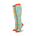 Pair of women's knee-high socks in light blue with orange poppy flower pattern and orange cuffs.