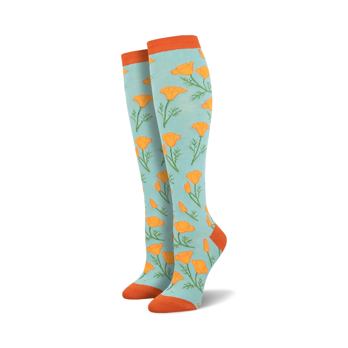 Pair of women's knee-high socks in light blue with orange poppy flower pattern and orange cuffs.