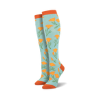 Pair of women's knee-high socks in light blue with orange poppy flower pattern and orange cuffs.