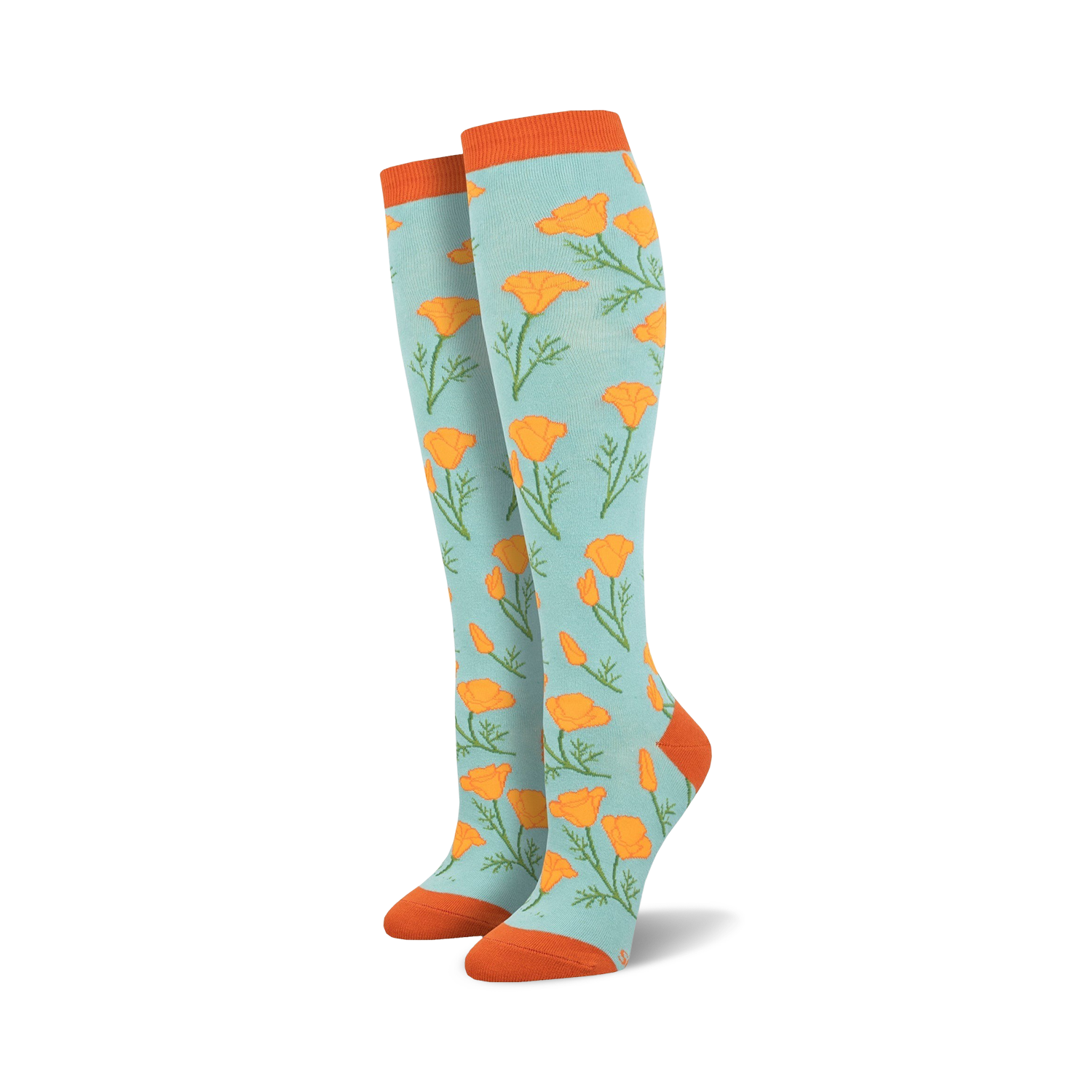 Pair of women's knee-high socks in light blue with orange poppy flower pattern and orange cuffs.