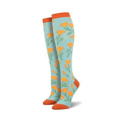 light blue knee high socks for women with all-over orange poppy pattern, green stems and leaves.  