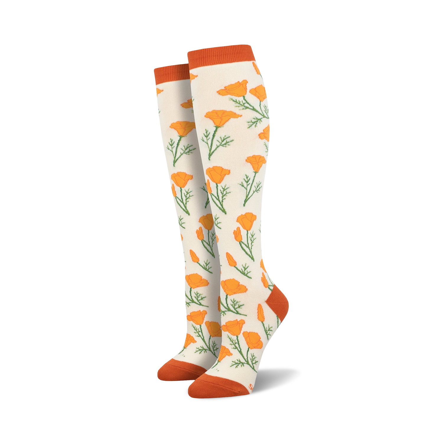 Lifestyle shot showing the cream-colored Maritime Poppies socks on a model's legs.