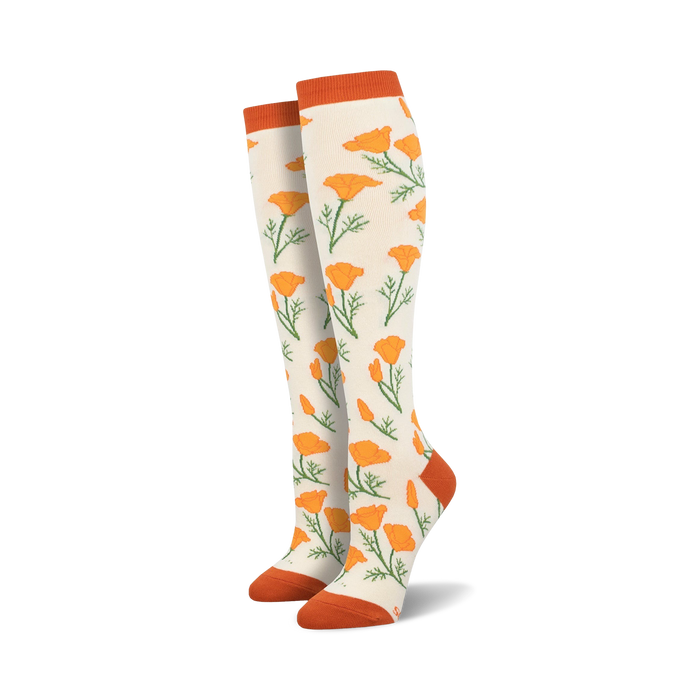 orange poppies on off-white; knee-high poppy socks for women.  