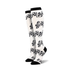 Pair of black and white knee-high socks with a musical notes and clef design.  