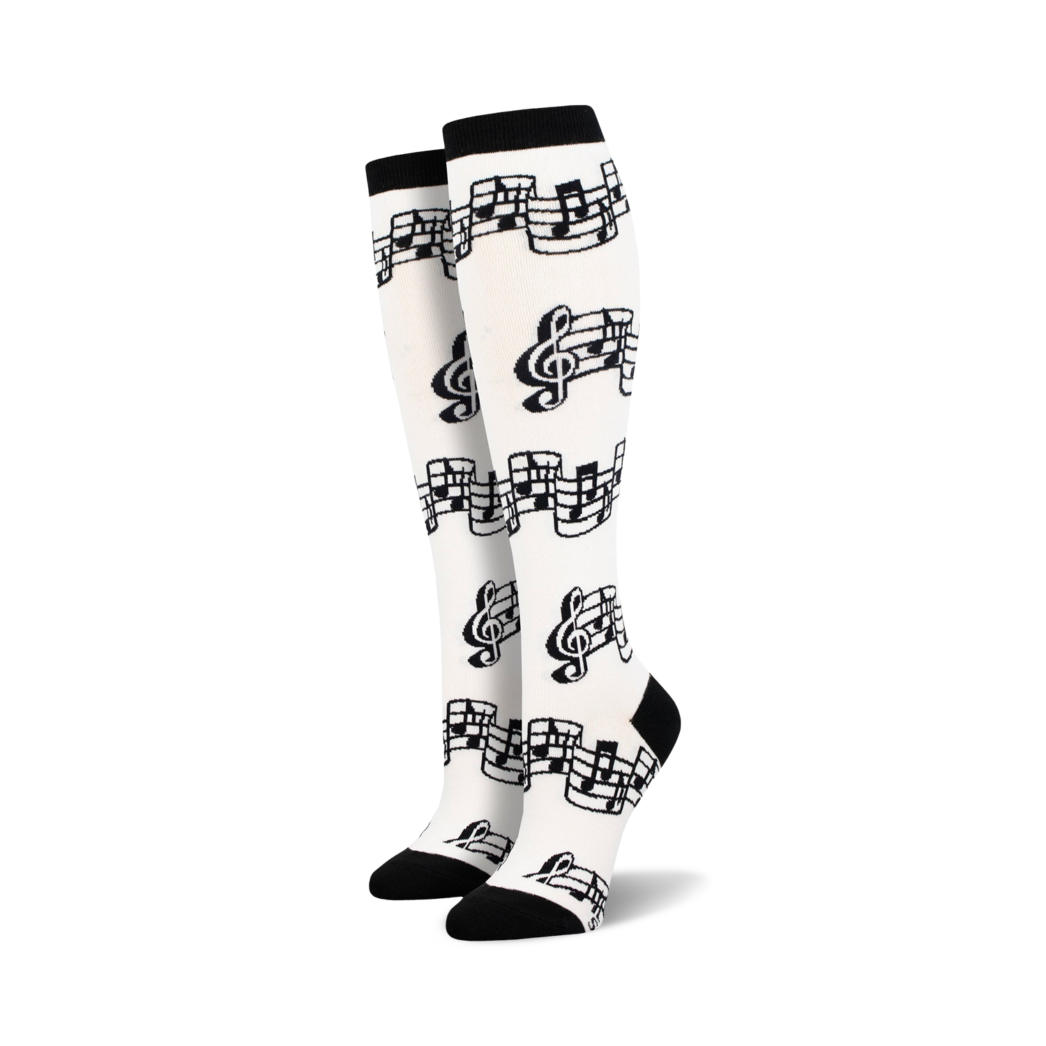 Pair of black and white knee-high socks with a musical notes and clef design.  
