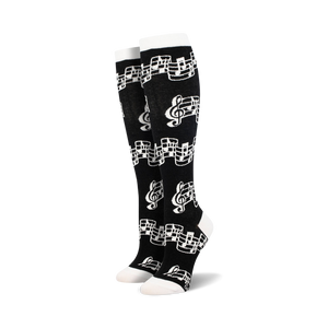 women's knee high black socks with musical notes and treble clef pattern  