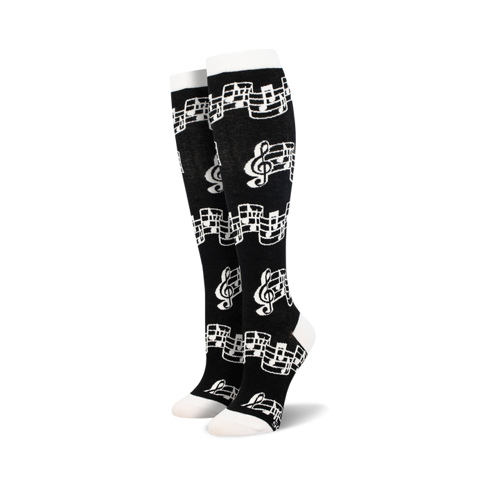 women's knee high black socks with musical notes and treble clef pattern  