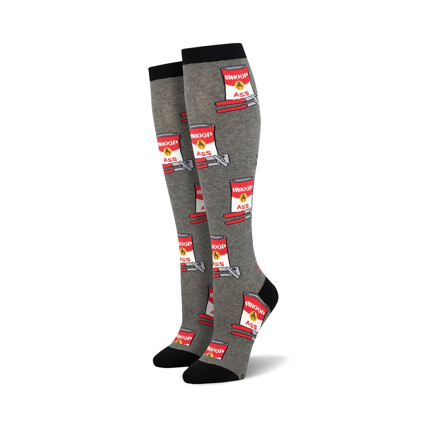 Pair of grey knee-high socks with a repeating pattern of red cans that say "Whoop Ass" and a wrench.  Black cuff.
