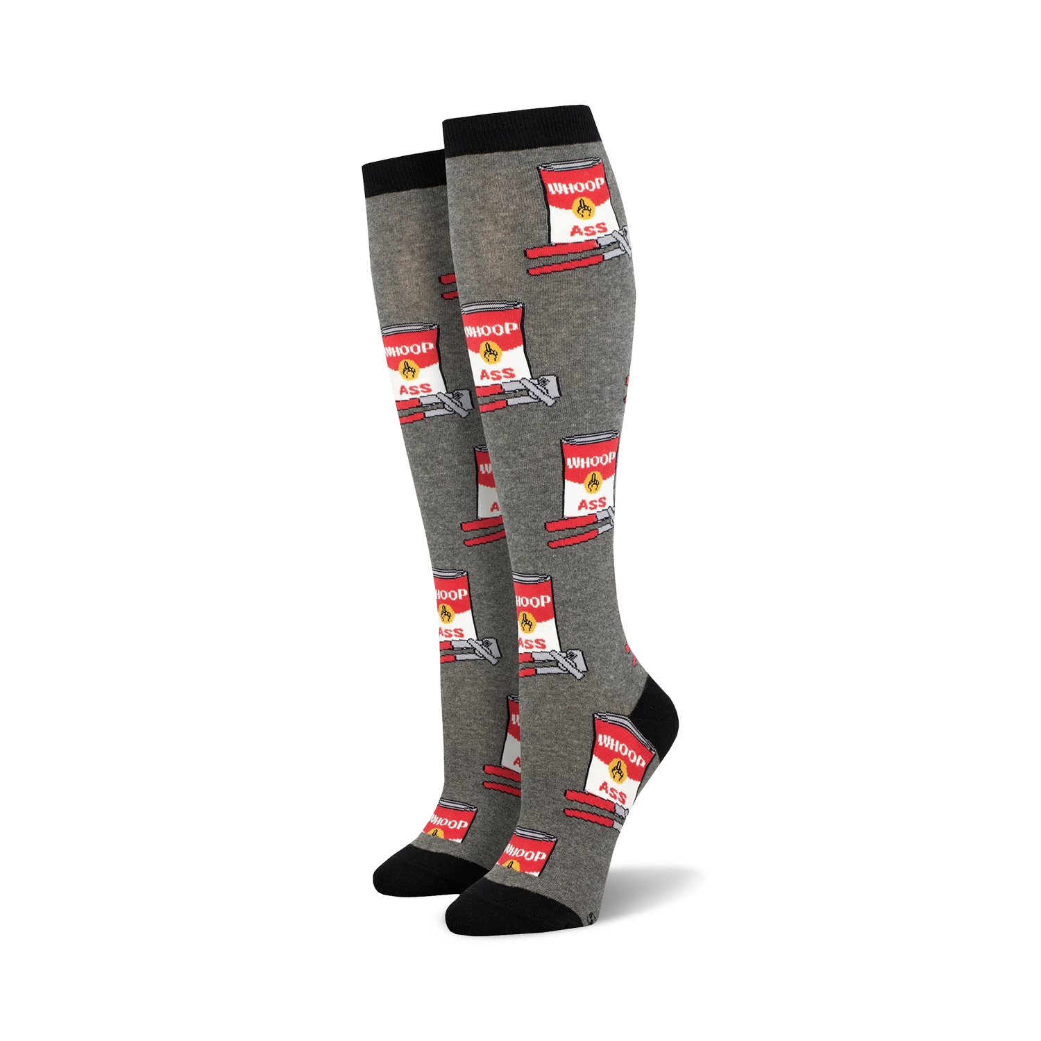 Pair of grey knee-high socks with a repeating pattern of red cans that say "Whoop Ass" and a wrench.  Black cuff.