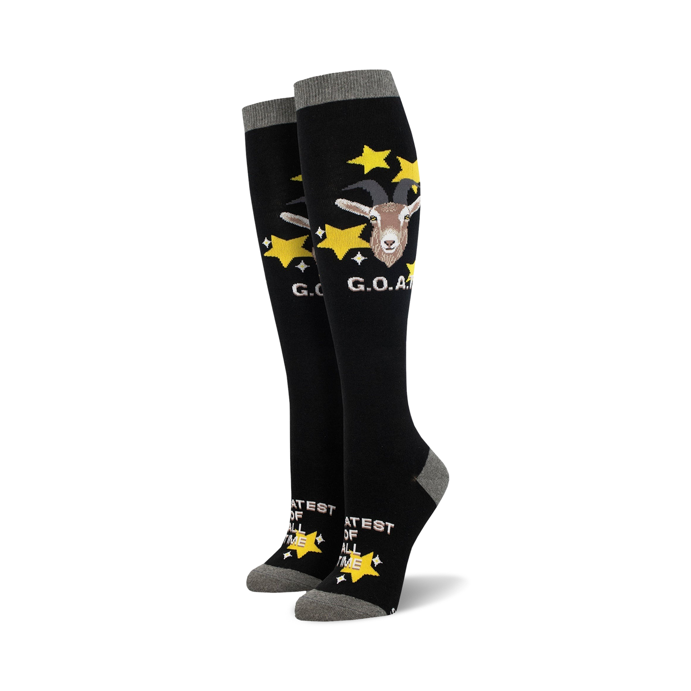 Pair of black knee-high socks with a goat graphic, yellow stars, and 'G.O.A.T.' text. Gray cuff.