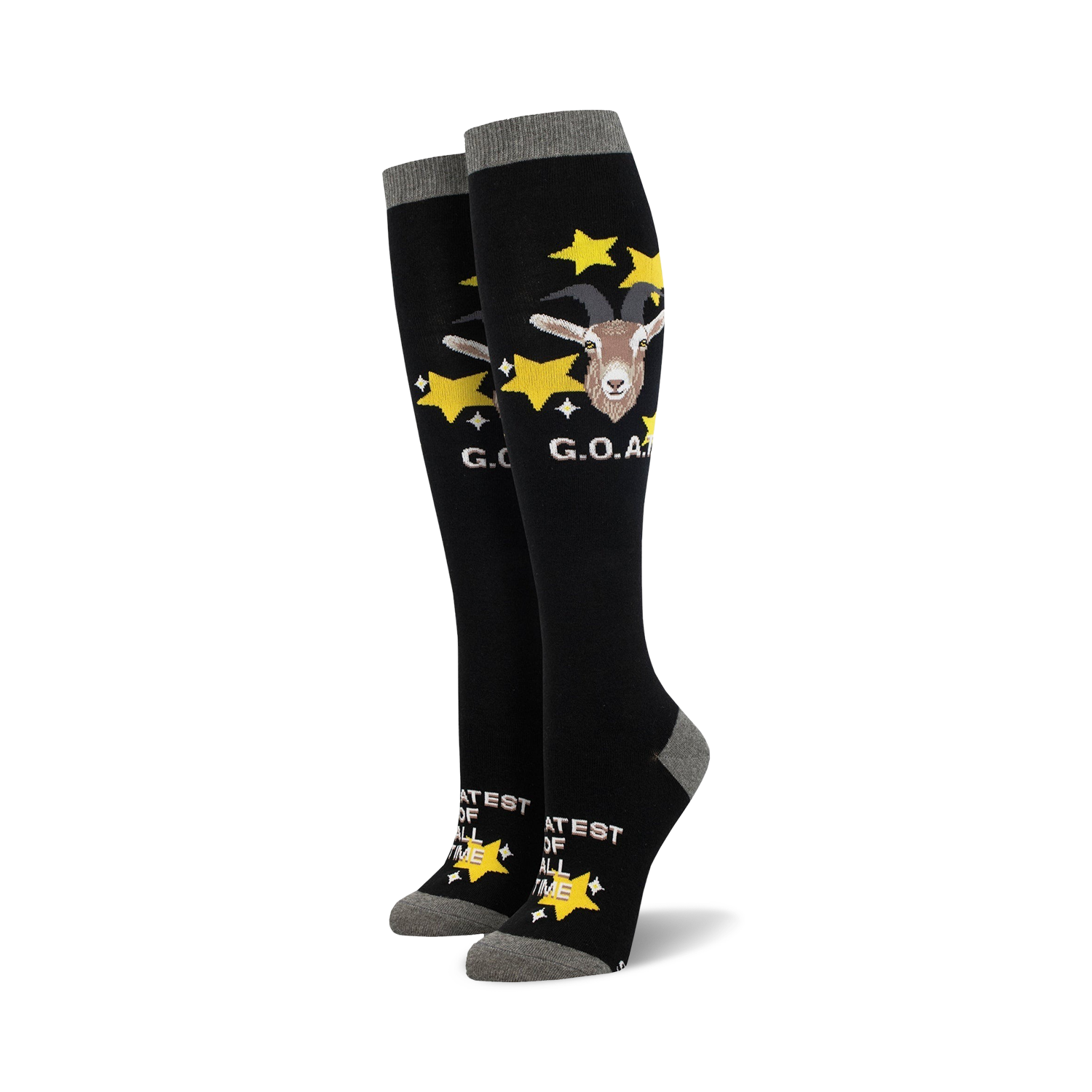 Pair of black knee-high socks with a goat graphic, yellow stars, and 'G.O.A.T.' text. Gray cuff.