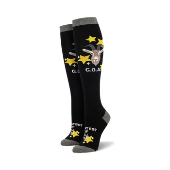  black and gray knee high women's socks with stars and yellow 'goat' lettering.   