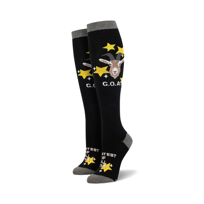  black and gray knee high women's socks with stars and yellow 'goat' lettering.    }}