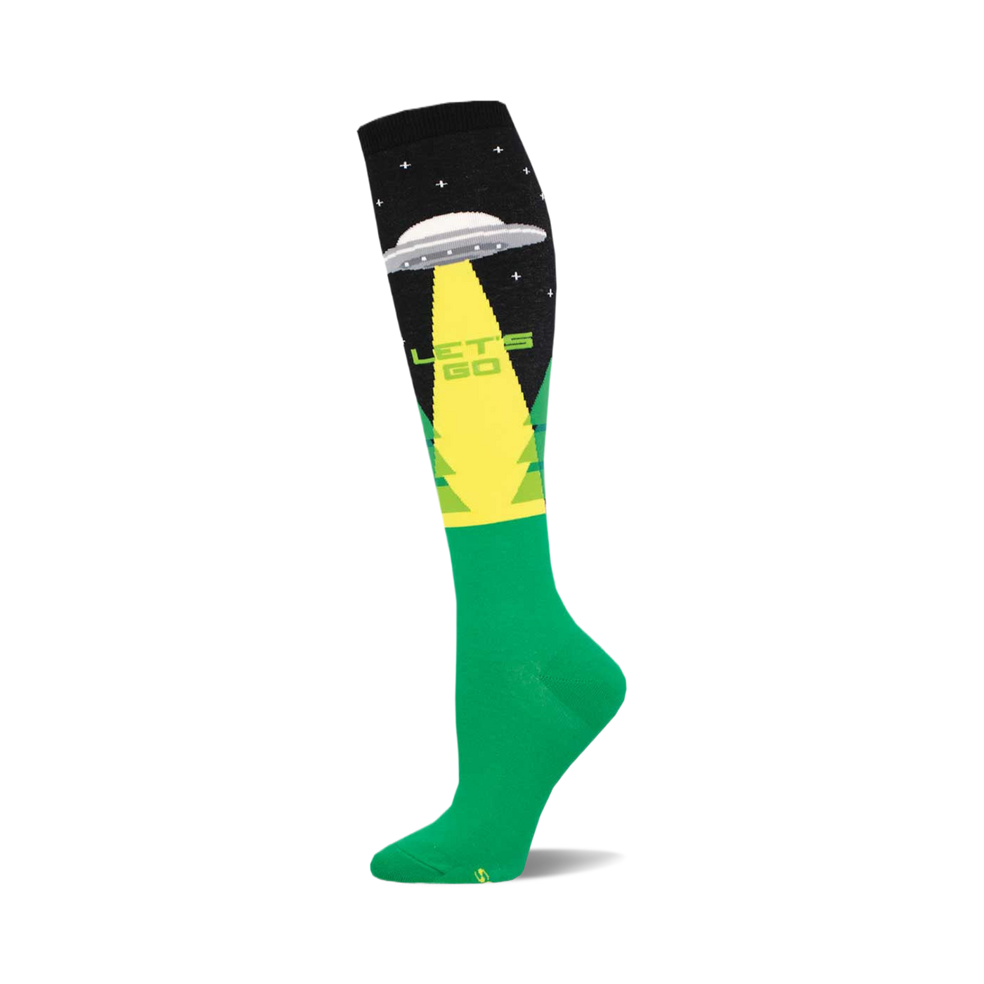 Knee-high socks in black, yellow, and green. Design features a UFO, stars, trees, and the text 'Let's Go'.