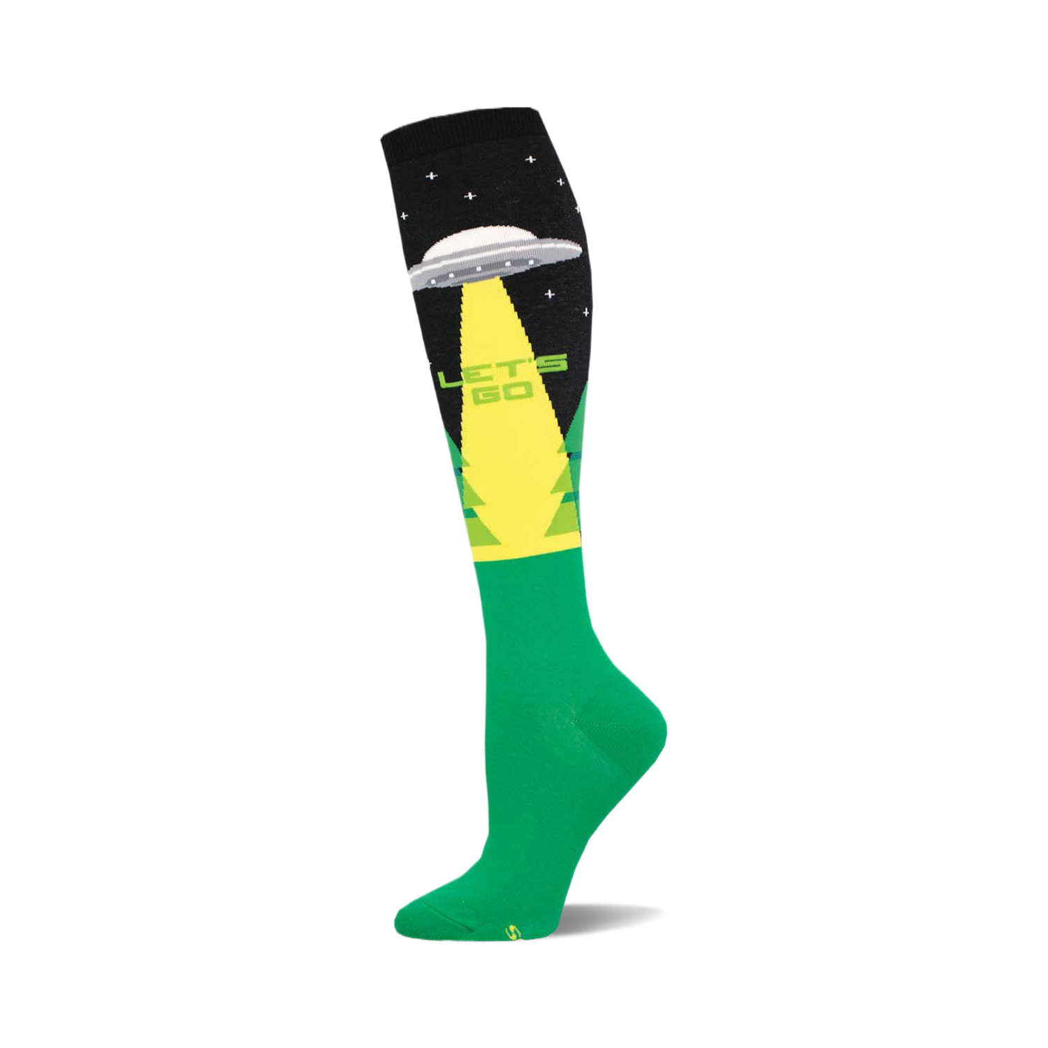 Knee-high socks in black, yellow, and green. Design features a UFO, stars, trees, and the text 'Let's Go'.