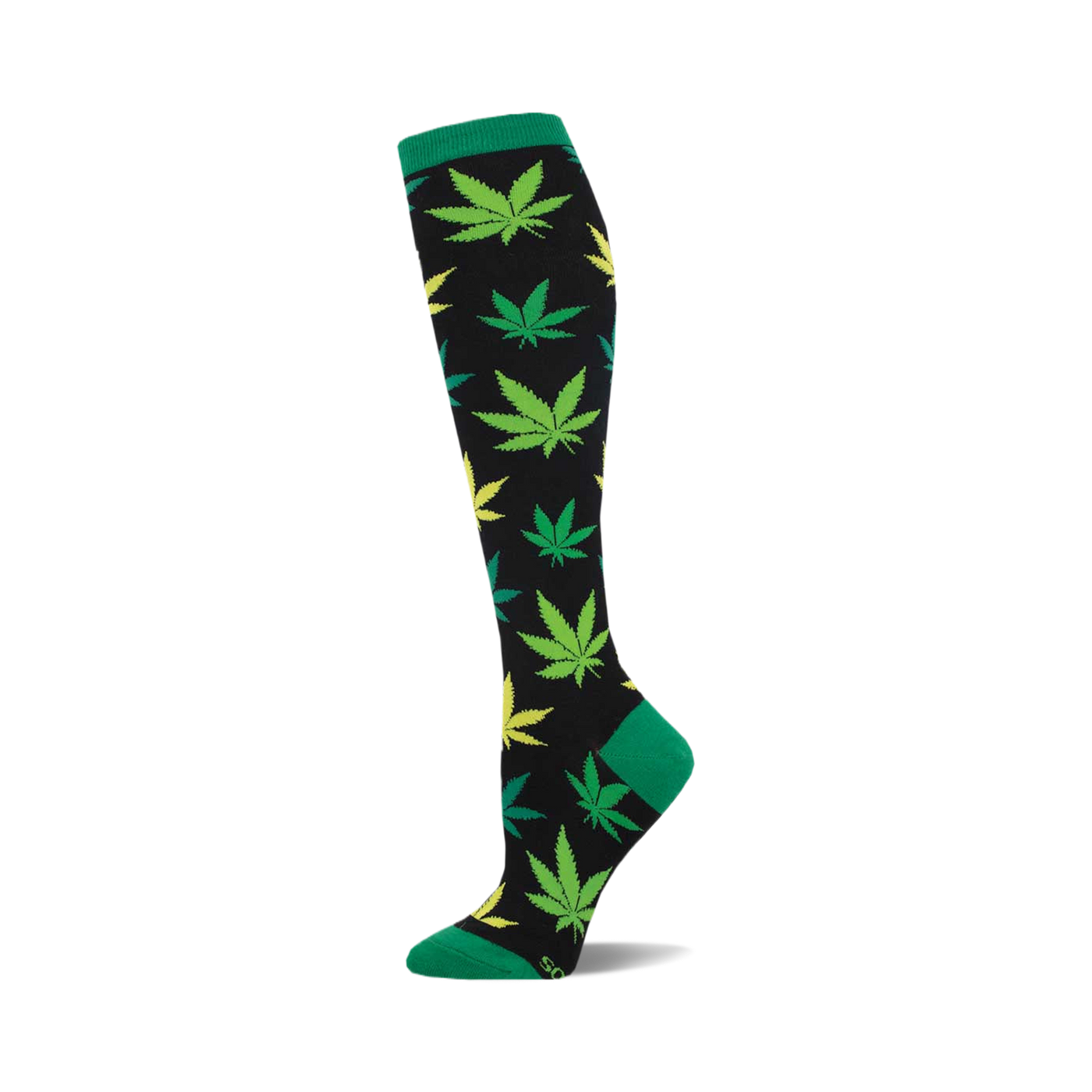 A single knee-high sock with a black background and a pattern of green and yellow marijuana leaves. The cuff is green.