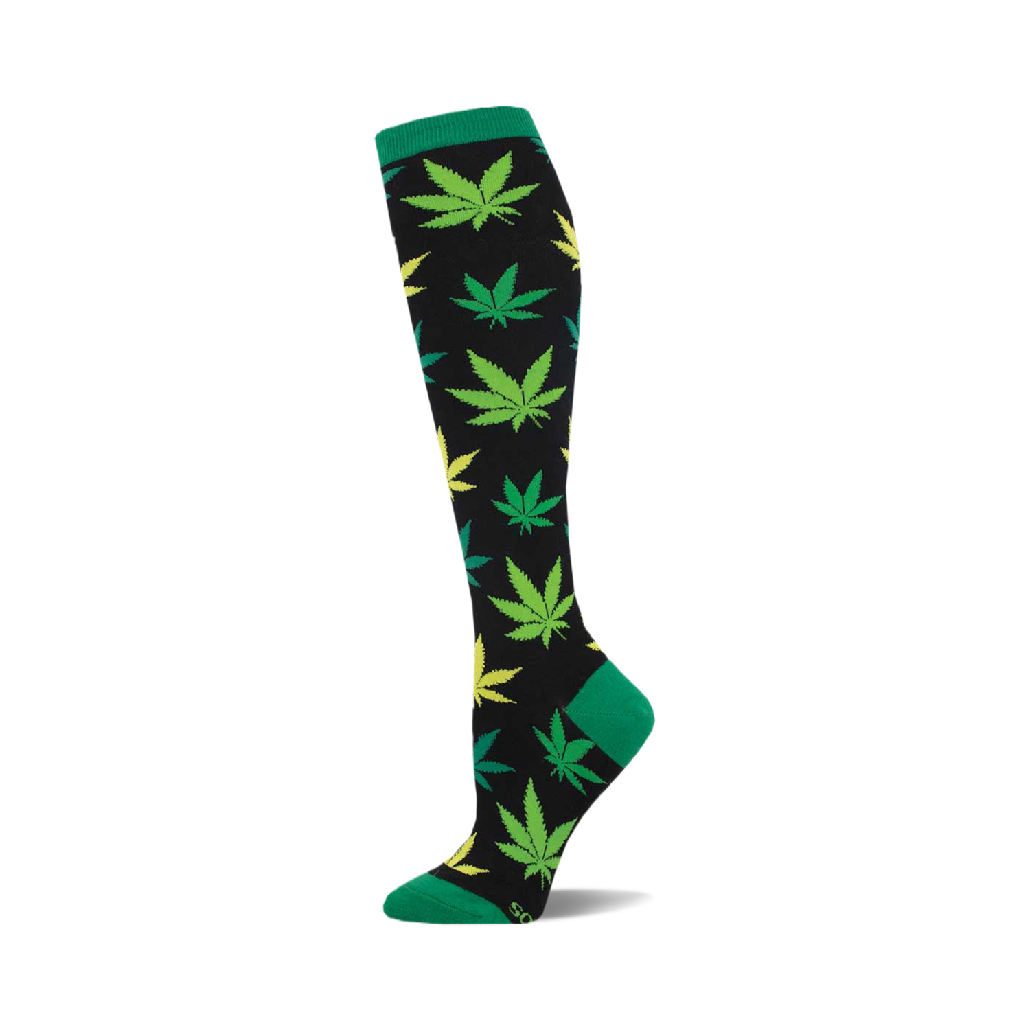 A single knee-high sock with a black background and a pattern of green and yellow marijuana leaves. The cuff is green.
