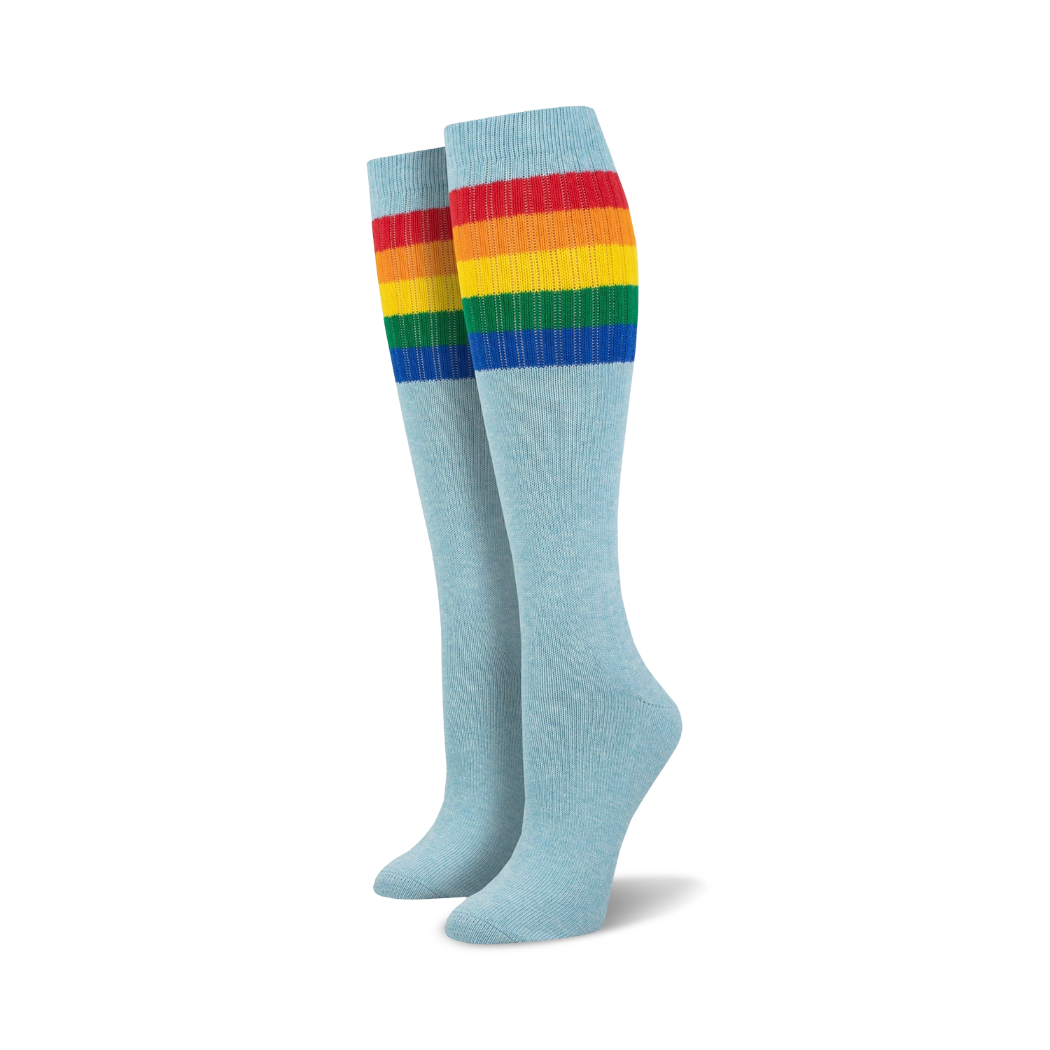 Pair of light blue knee-high socks with a vibrant rainbow striped cuff against a white background.