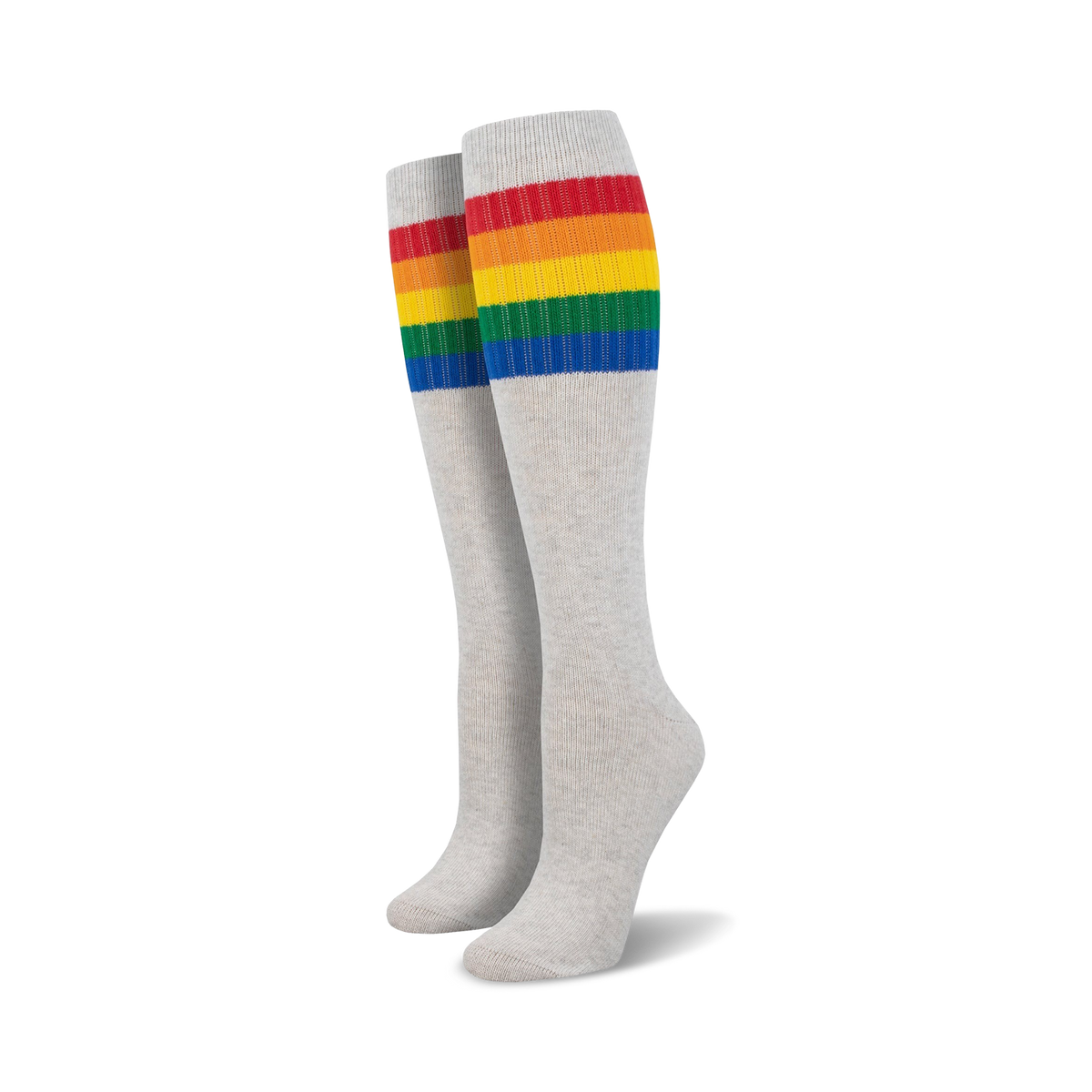 Pair of light gray knee-high socks with a vibrant rainbow striped cuff against a white background.