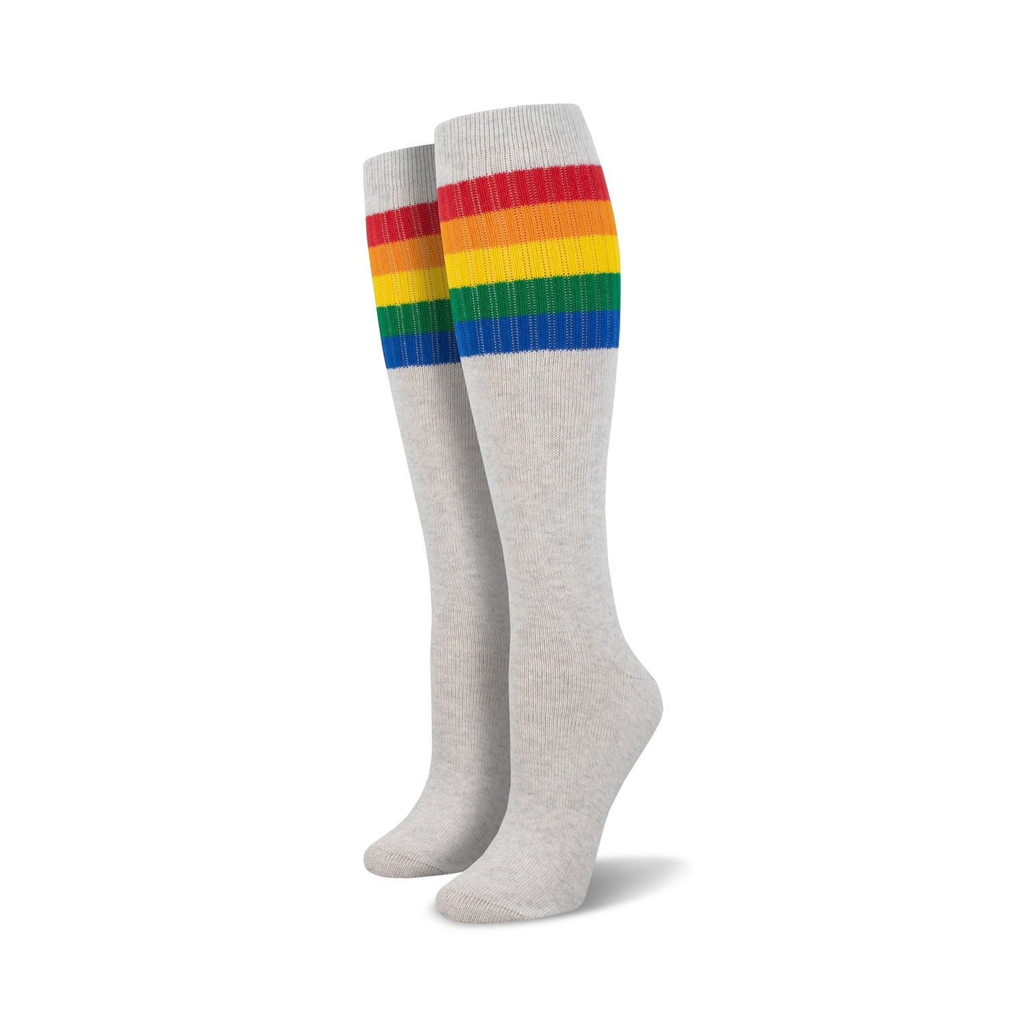 Pair of light gray knee-high socks with a vibrant rainbow striped cuff against a white background.